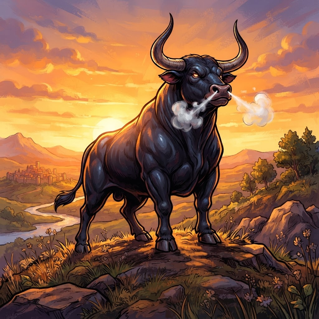 Ansem The Black Bull standing heroically at golden hour