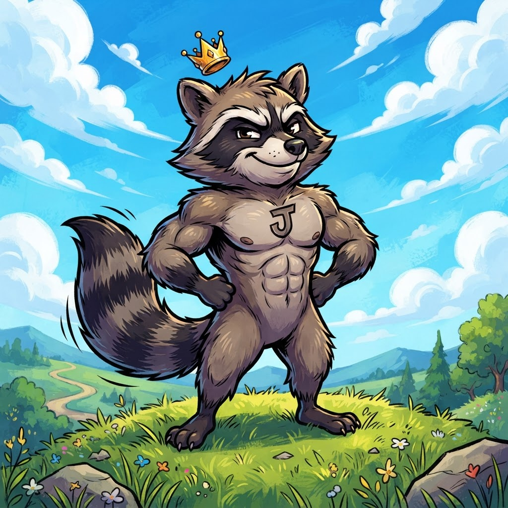 Jimothy The Raccoon wearing his golden crown