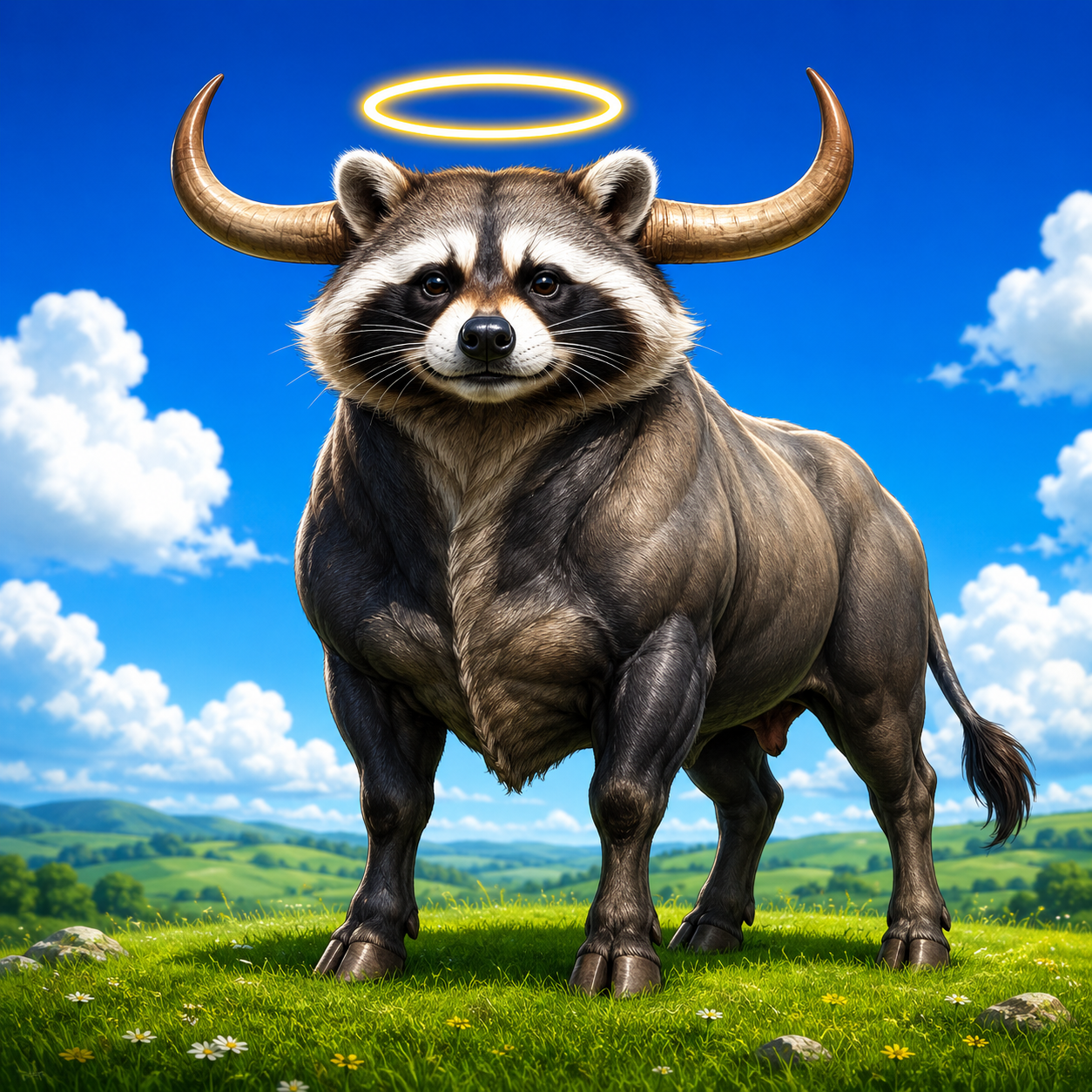 RABULL - half raccoon, half bull, with a golden halo